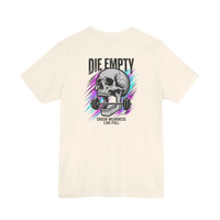 DailyThreadCo. cream cotton t-shirt with a graphic of a skull biting a barbell and the text 