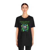 DailyThreadCo. black cotton t-shirt with a graphic print of a pigeon on a bench, text reads 