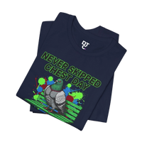 DailyThreadCo. navy blue cotton t-shirt with a graphic print of a muscular pigeon on a park bench. Text reads 