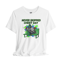 DailyThreadCo. white cotton t-shirt with a graphic print of a muscular pigeon sitting on a green park bench. Text reads 