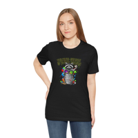 DailyThreadCo. black 100% cotton t-shirt with a funny graphic of a raccoon in a trash can, surrounded by colorful paint splatters and the text 