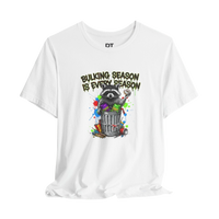 DailyThreadCo. white 100% cotton t-shirt with a graphic of a raccoon in a trash can with the text 