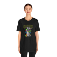 DailyThreadCo. black 100% cotton t-shirt with a funny graphic of a raccoon in a trash can with colorful paint splatters and the text 