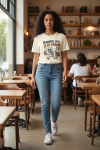 DailyThreadCo. cream cotton t-shirt with cartoon skeleton running late, holding coffee and alarm clock. Crew neck, short sleeves.