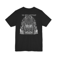 DailyThreadCo. black 100% cotton t-shirt with 'The Only Sanctuary' Gothic church graphic print on back.