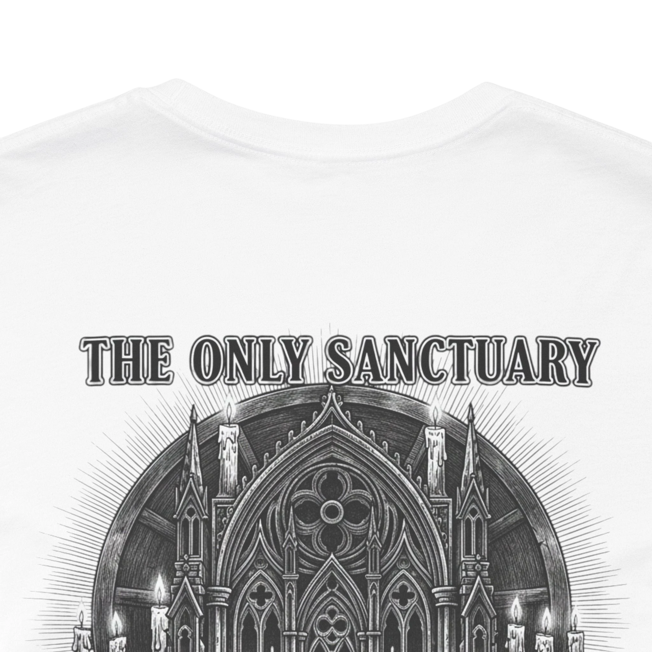 DailyThreadCo. white 100% cotton t-shirt with 'The Only Sanctuary' gothic church graphic print on back.