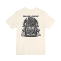 DailyThreadCo. cream 100% cotton t-shirt with 'The Only Sanctuary' Gothic church graphic print on back.