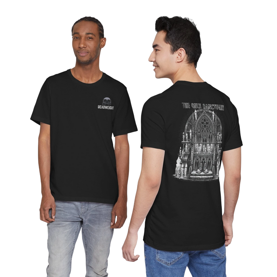 DailyThreadCo. black 100% cotton t-shirt with 'The Only Sanctuary' Gothic church graphic on back and small chest logo.