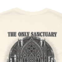 DailyThreadCo. cream 100% cotton graphic t-shirt with 'The Only Sanctuary' gothic church back print and small chest mark.