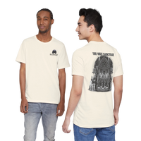 DailyThreadCo. cream 100% cotton graphic t-shirt with Gothic church back print and chest logo.