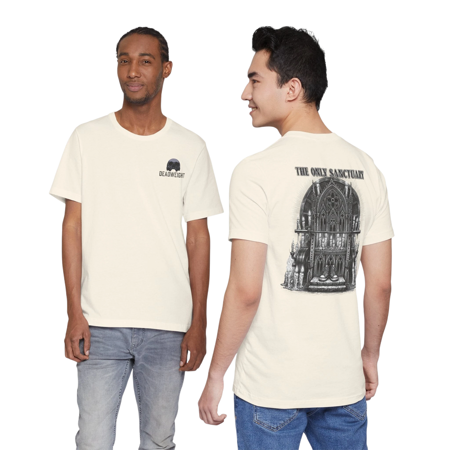 DailyThreadCo. cream 100% cotton graphic t-shirt with Gothic church back print and chest logo.