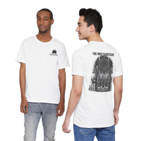 DailyThreadCo. white 100% cotton graphic t-shirt with a large Gothic church print on the back and a small chest logo.