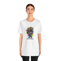DailyThreadCo white 100% cotton t-shirt with 'Zero Given' graphic of a honey badger lifting a bear, set against colorful paint splashes.