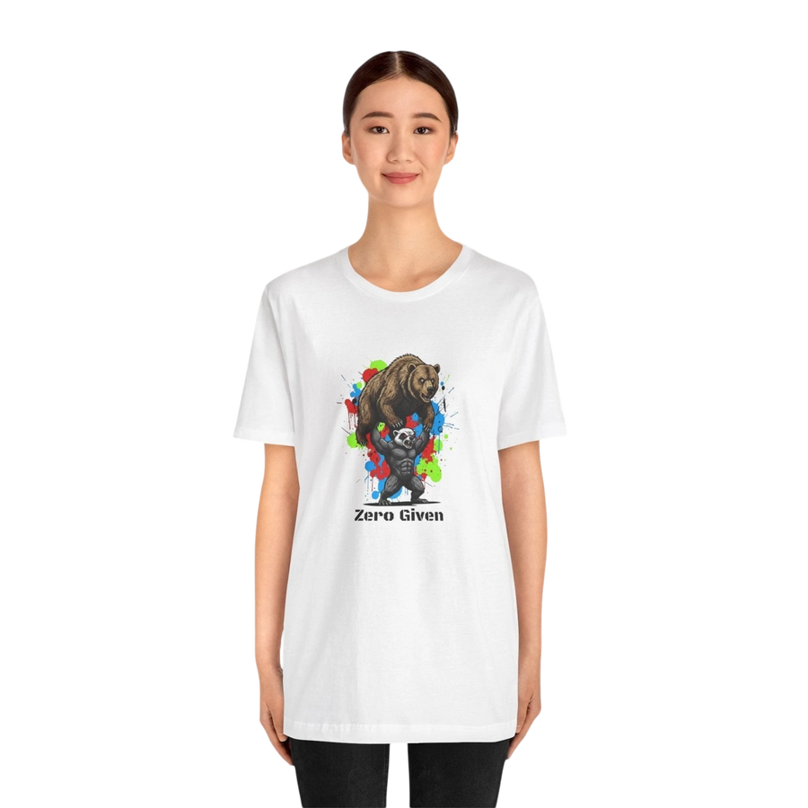 DailyThreadCo white 100% cotton t-shirt with 'Zero Given' graphic of a honey badger lifting a bear, set against colorful paint splashes.