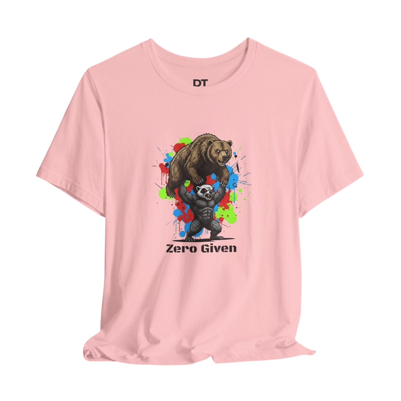 DailyThreadCo pink 100% cotton t-shirt with 'Zero Given' graphic of a honey badger lifting a bear, set against a colorful paint splash background.