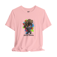 DailyThreadCo pink 100% cotton t-shirt with 'Zero Given' graphic of a honey badger lifting a bear, set against a colorful paint splash background.