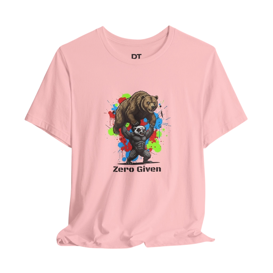 DailyThreadCo pink 100% cotton t-shirt with 'Zero Given' graphic of a honey badger lifting a bear, set against a colorful paint splash background.