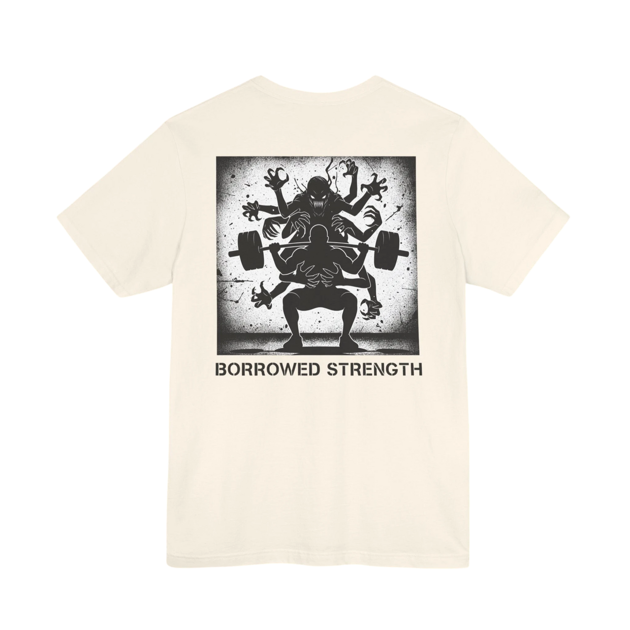 DailyThreadCo. cream cotton t-shirt with a graphic back print of a multi-armed creature assisting a weightlifter with a barbell.