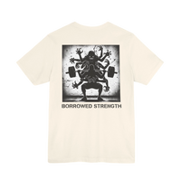 DailyThreadCo. cream cotton t-shirt with a graphic back print of a multi-armed creature assisting a weightlifter with a barbell.