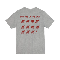 DailyThreadCo. grey cotton t-shirt with red One Day or Day One text and tally mark graphic on the back