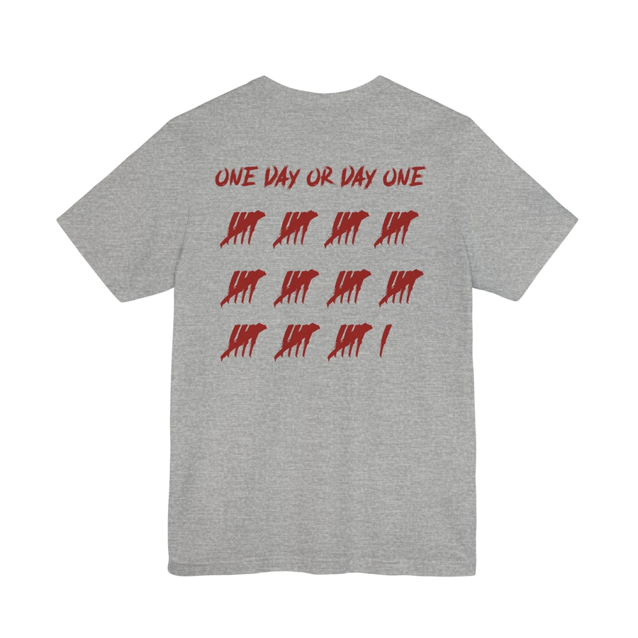 DailyThreadCo. grey cotton t-shirt with red One Day or Day One text and tally mark graphic on the back