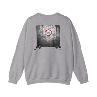 DailyThreadCo. grey crewneck sweatshirt with a graphic of tally marks on a wall, a red circle, and dripping blood. Dumbbells and weights are at the bottom.