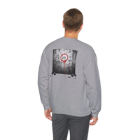 DailyThreadCo. grey crewneck sweatshirt with a graphic on the back featuring tally marks and a red circle. Cotton-blend fabric.