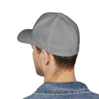 DailyThreadCo. grey structured Flexfit cap worn by a man, featuring a mid-profile design and curved visor.