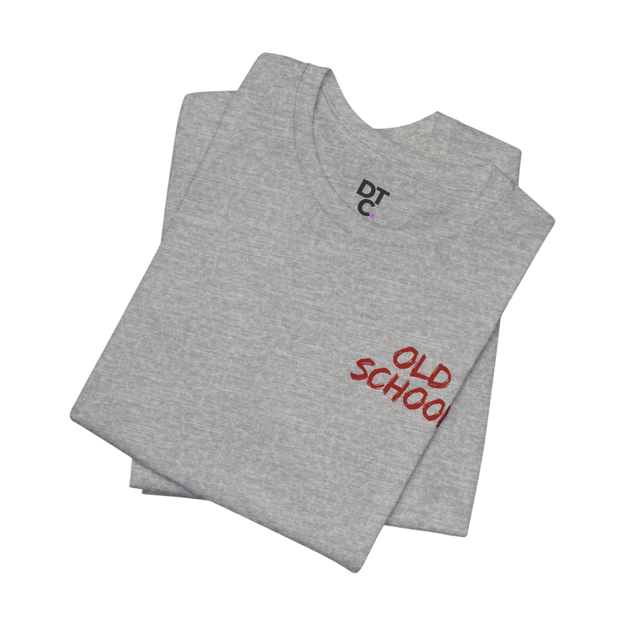 DailyThreadCo. grey 100% cotton t-shirt with "OLD SCHOOL" printed on the chest and "OLD SCHOOL PLATE BANGERS" on the back in red marker-style script.