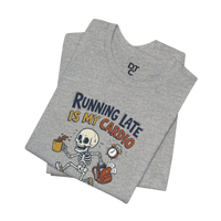 DailyThreadCo. grey cotton t-shirt with a cartoon skeleton running with coffee and alarm clock, text reads 