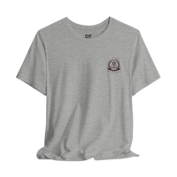 DailyThreadCo. grey 100% cotton t-shirt with a skeleton weightlifter graphic on the chest and back. Retail fit, crew neck.