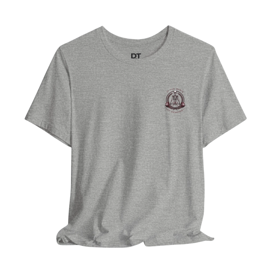 DailyThreadCo. grey 100% cotton t-shirt with a skeleton weightlifter graphic on the chest and back. Retail fit, crew neck.