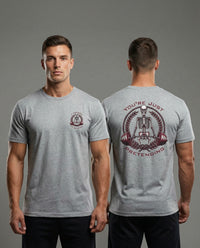 DailyThreadCo grey 100% cotton t-shirt with skeleton weightlifter graphic on back and chest emblem. Crew neck, short sleeves.