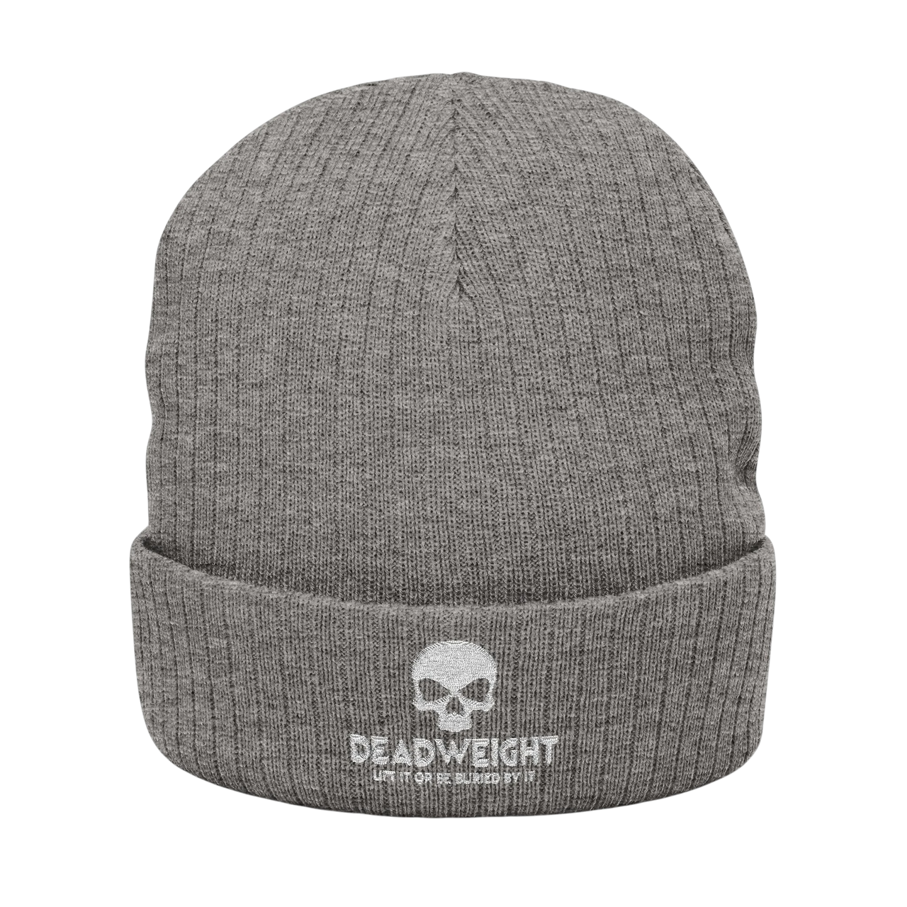 DailyThreadCo. grey ribbed knit beanie with white embroidered skull and Dead Weight text on the cuffed front.
