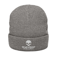 DailyThreadCo. grey ribbed knit beanie with white embroidered skull and Dead Weight text on the cuffed front.