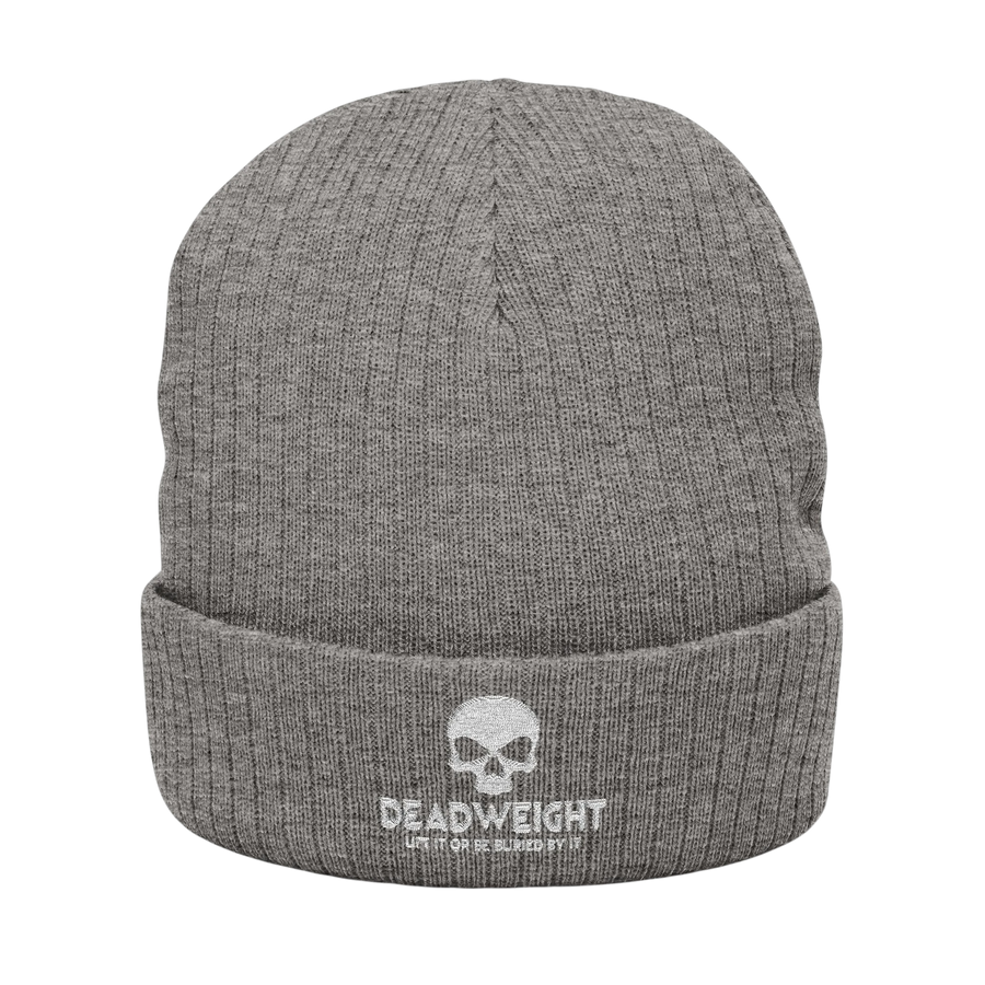 DailyThreadCo. grey ribbed knit beanie with white embroidered skull and Dead Weight text on the cuffed front.