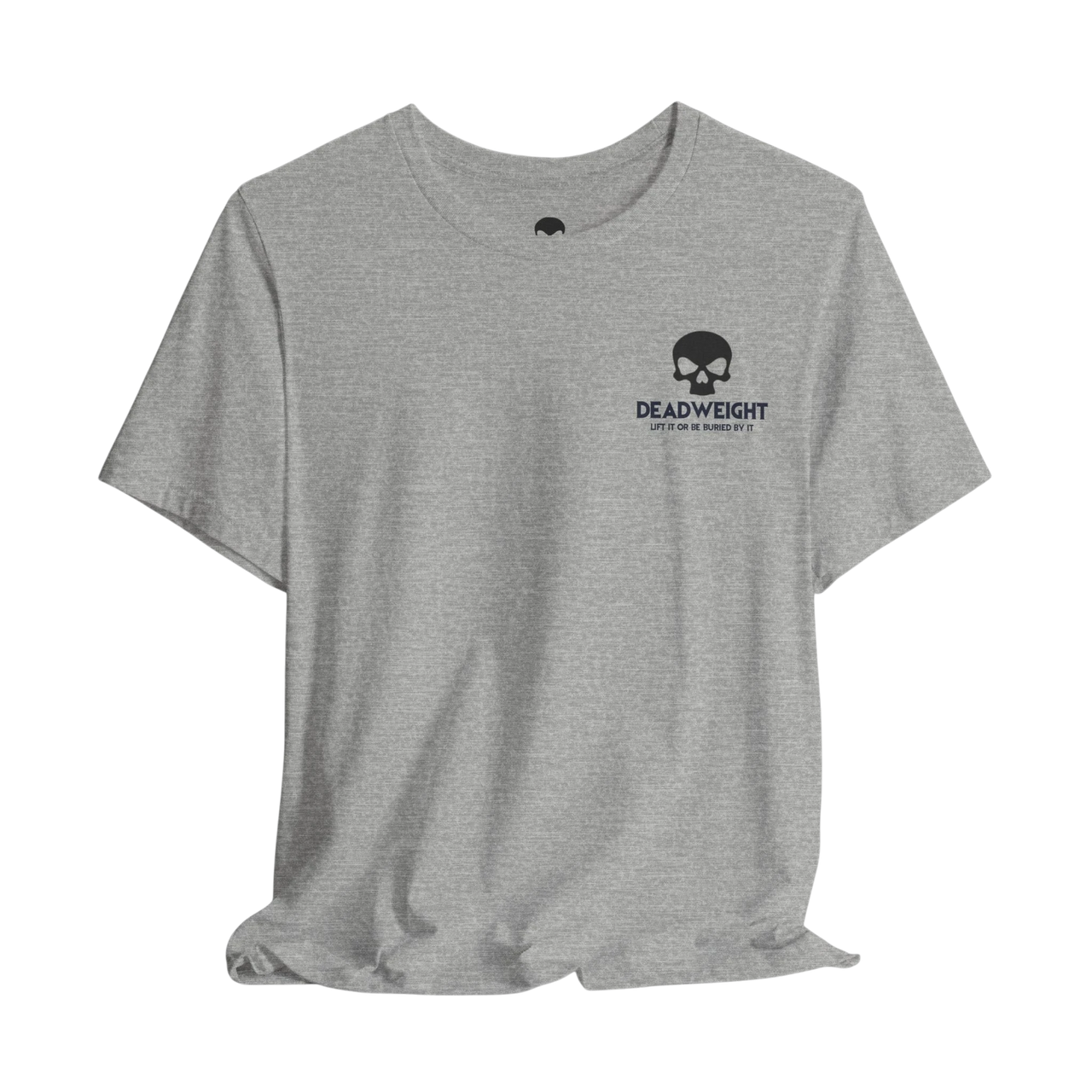 DailyThreadCo. grey cotton t-shirt with a black skull logo on the chest and motivational back graphic.