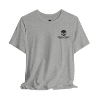 DailyThreadCo. grey cotton t-shirt with a black skull logo on the chest and motivational back graphic.