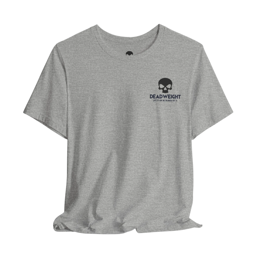 DailyThreadCo. grey cotton t-shirt with a black skull logo on the chest and motivational back graphic.
