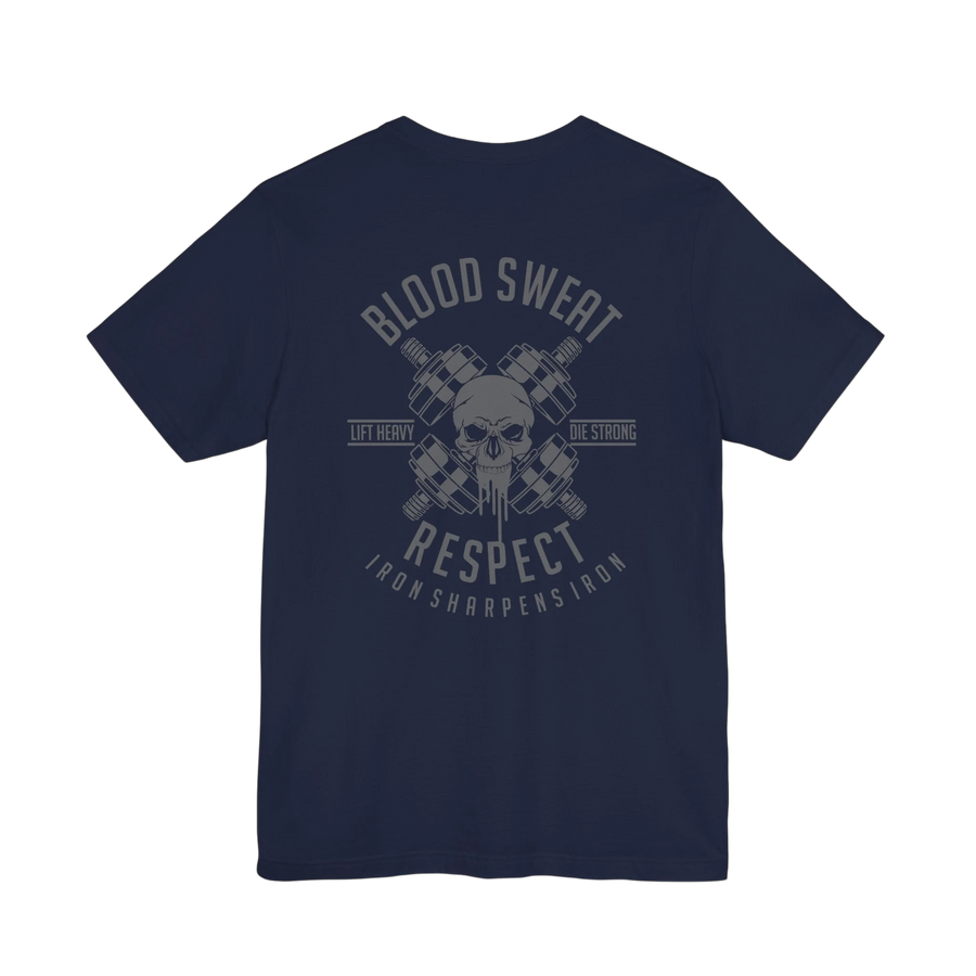 DailyThreadCo. navy blue 100% cotton t-shirt with a graphic print of crossed barbells, a skull, and the words "Blood Sweat Respect" and "Iron Sharpens Iron".