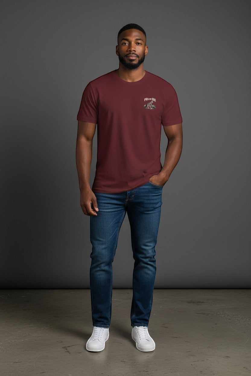 DailyThreadCo. maroon 100% cotton t-shirt with skeleton deadlifting graphic and "PRs or Die" text on back.