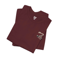 DailyThreadCo. maroon 100% cotton t-shirt with a skeleton deadlifting graphic and 
