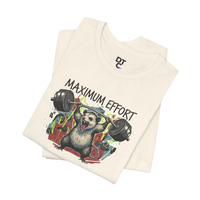 DailyThreadCo. cream cotton t-shirt with a graphic of a possum lifting a barbell and the text 