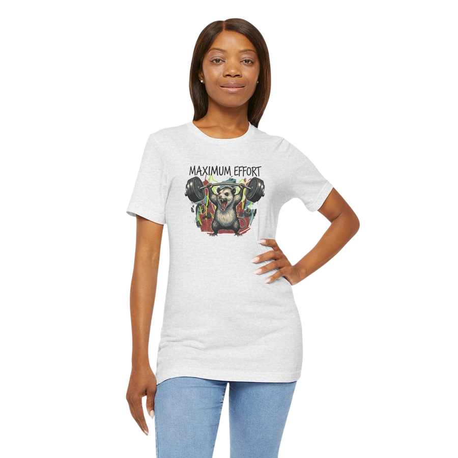 DailyThreadCo. light grey 100% cotton t-shirt with a graphic of a possum lifting a barbell and the text MAXIMUM EFFORT.