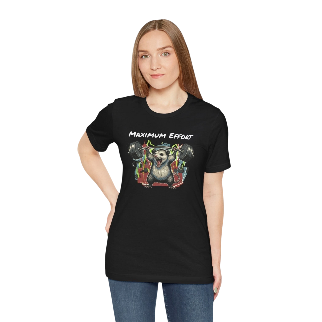 DailyThreadCo. black 100% cotton t-shirt with a graphic of a possum lifting weights and the text "MAXIMUM EFFORT".