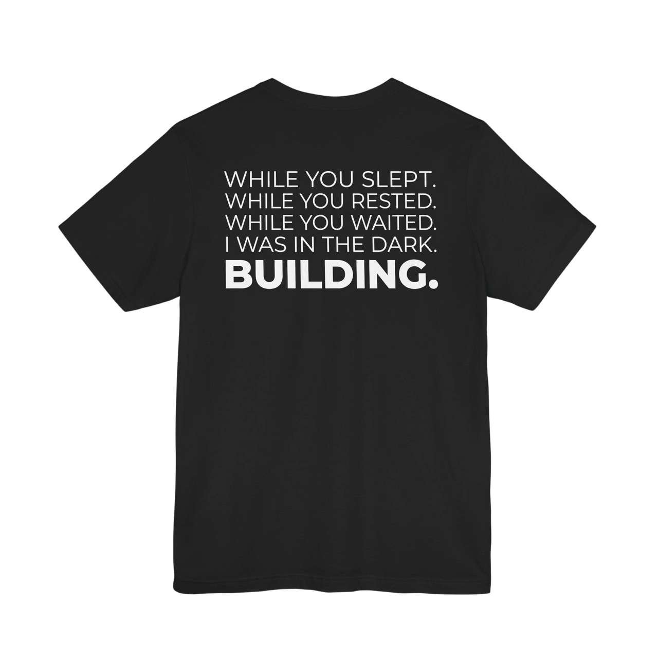 DailyThreadCo. black cotton t-shirt featuring a bold motivational typographic print on the back.