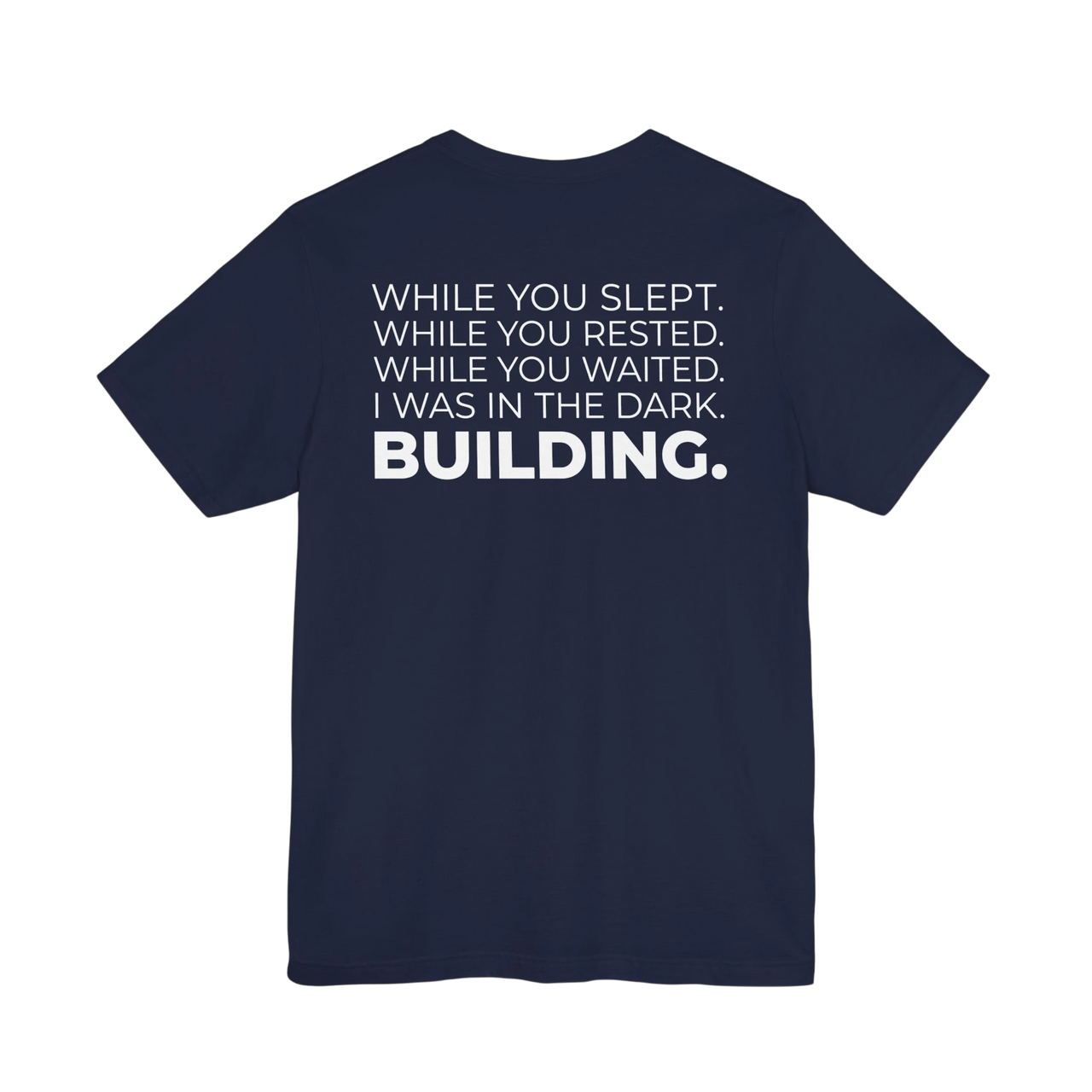 DailyThreadCo. navy blue cotton t-shirt featuring a motivational typographic back print in white.