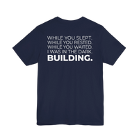 DailyThreadCo. navy blue cotton t-shirt featuring a motivational typographic back print in white.