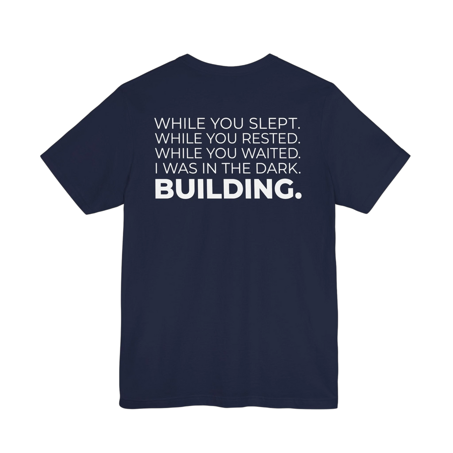 DailyThreadCo. navy blue cotton t-shirt featuring a motivational typographic back print in white.