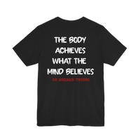 DailyThreadCo. black cotton gym t-shirt featuring a white motivational back print and red secondary text.
